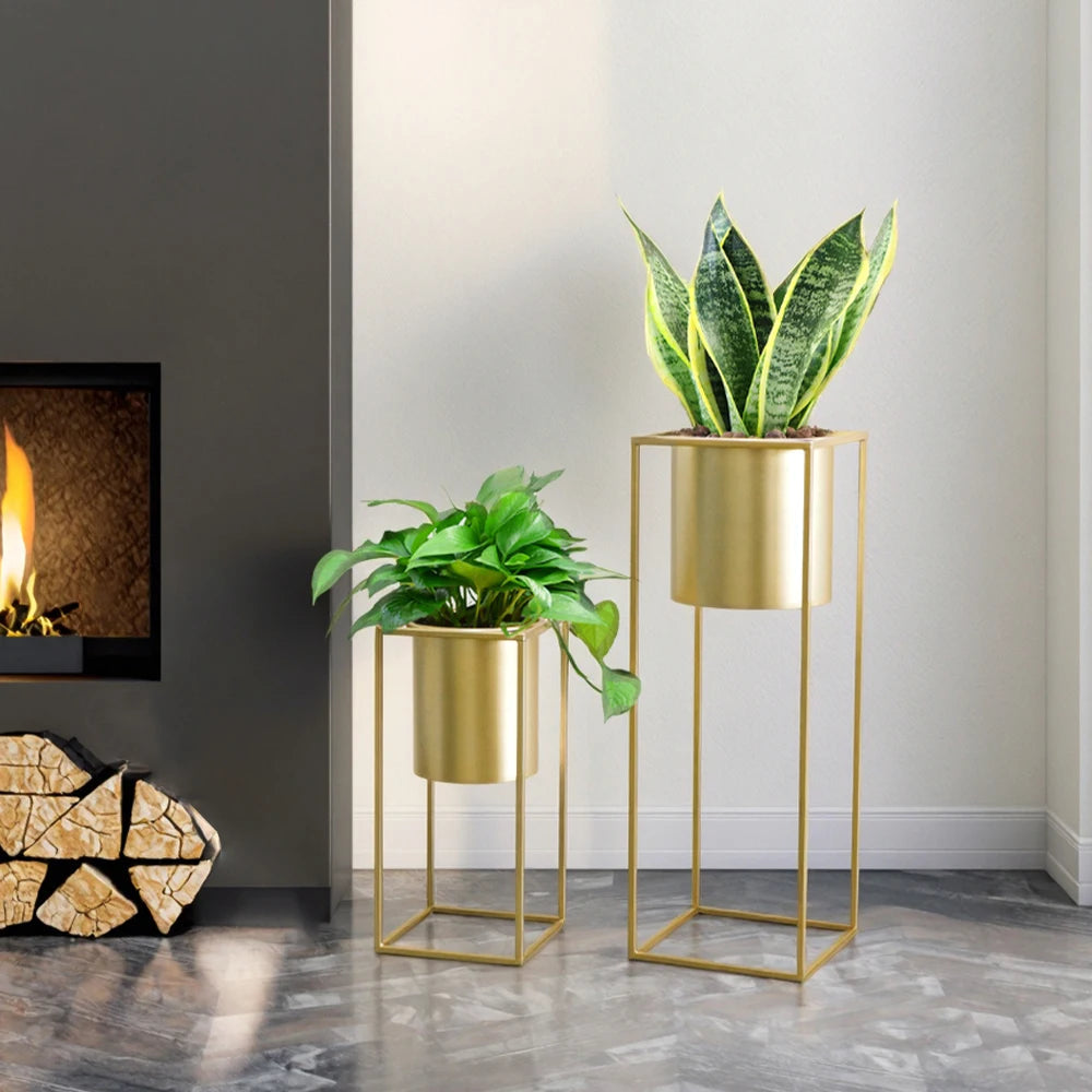 Blumenständer Set 2 Stück Metall Gold – Pflanzständer modern quadratisch für Blumentöpfe 21x45cm & 25x70cm – Pflanzenhalter Indoor für Wohnzimmer, Balkon & Events