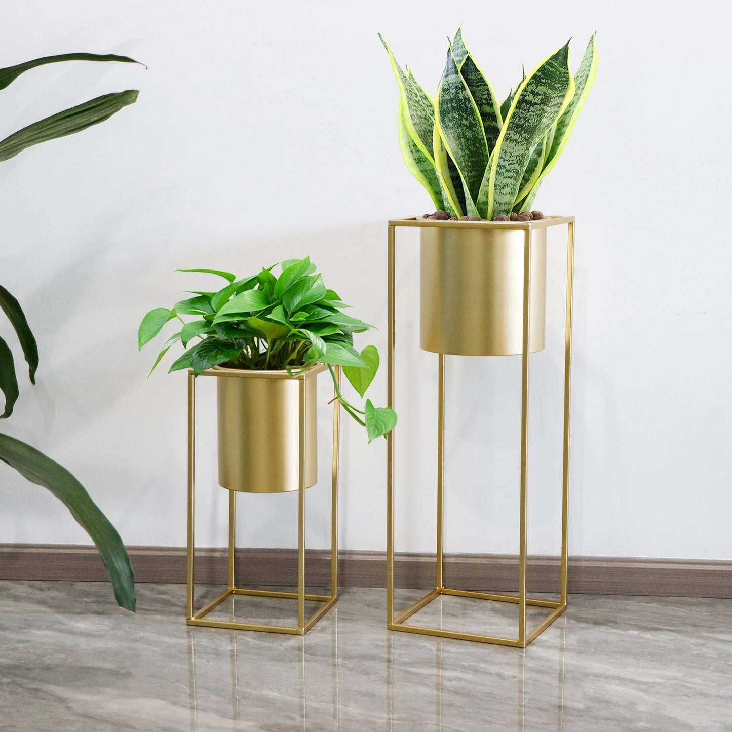 Blumenständer Set 2 Stück Metall Gold – Pflanzständer modern quadratisch für Blumentöpfe 21x45cm & 25x70cm – Pflanzenhalter Indoor für Wohnzimmer, Balkon & Events