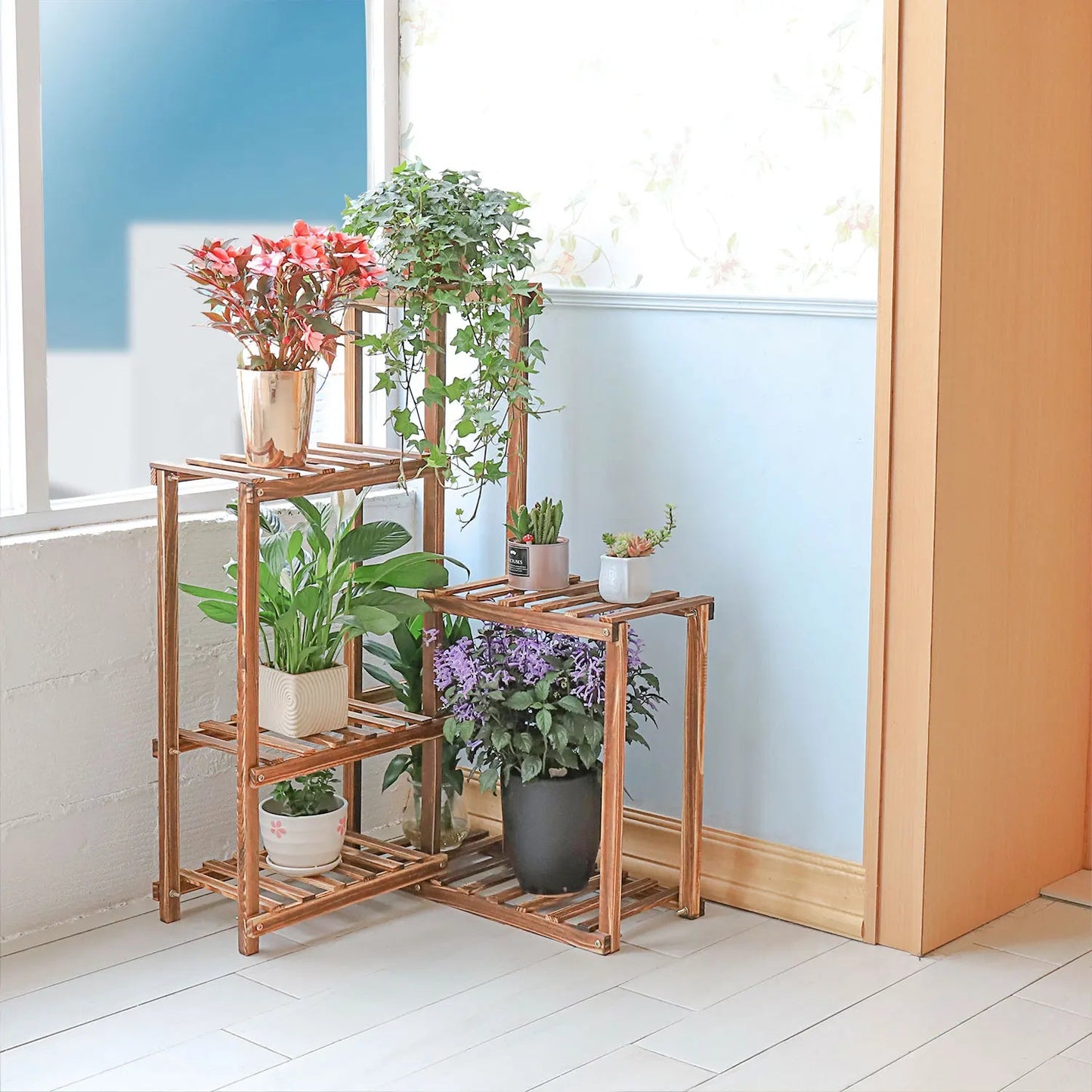 Corner Garden Plant Stand Wood Multi-Tiered Flower Display Rack Shelf