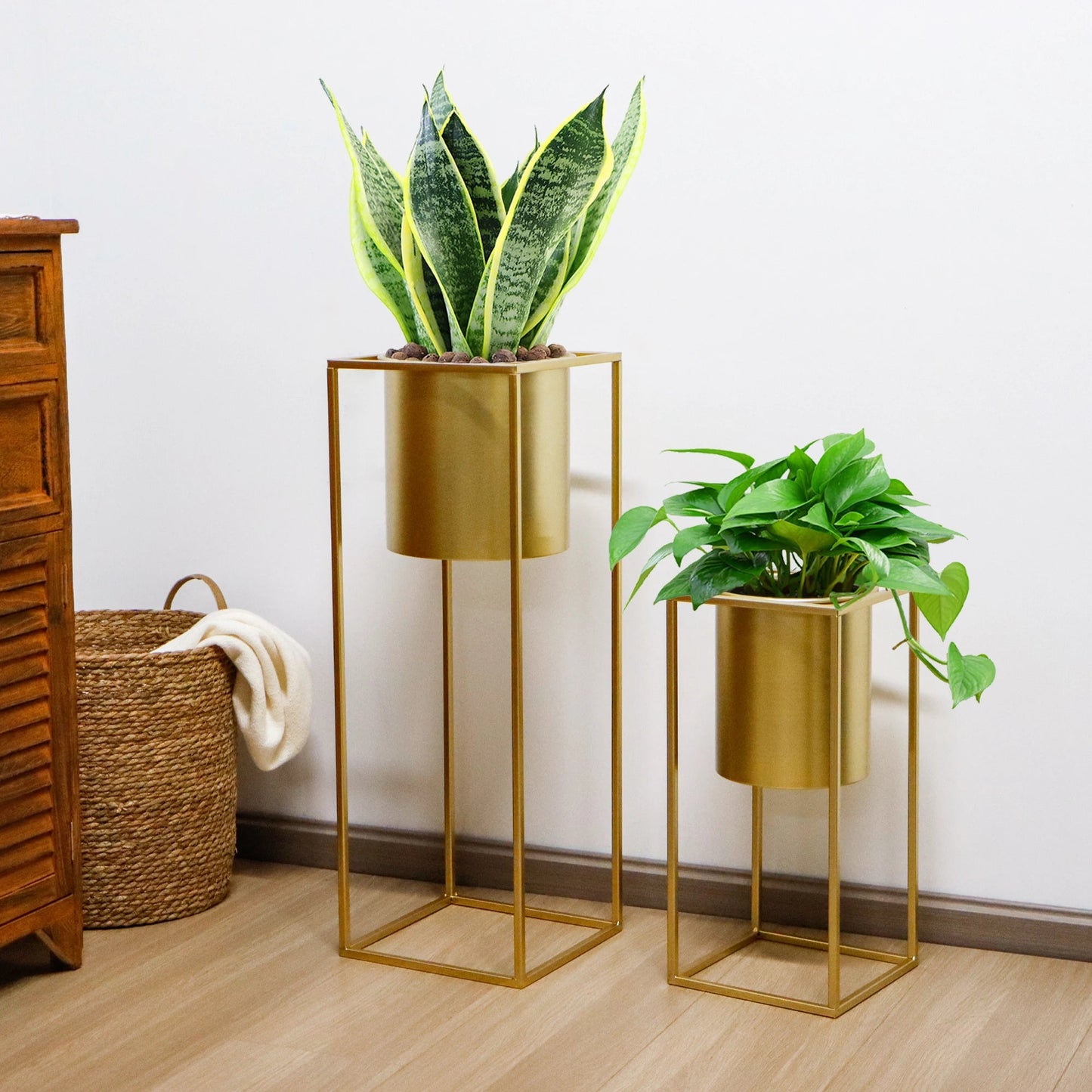 Blumenständer Set 2 Stück Metall Gold – Pflanzständer modern quadratisch für Blumentöpfe 21x45cm & 25x70cm – Pflanzenhalter Indoor für Wohnzimmer, Balkon & Events