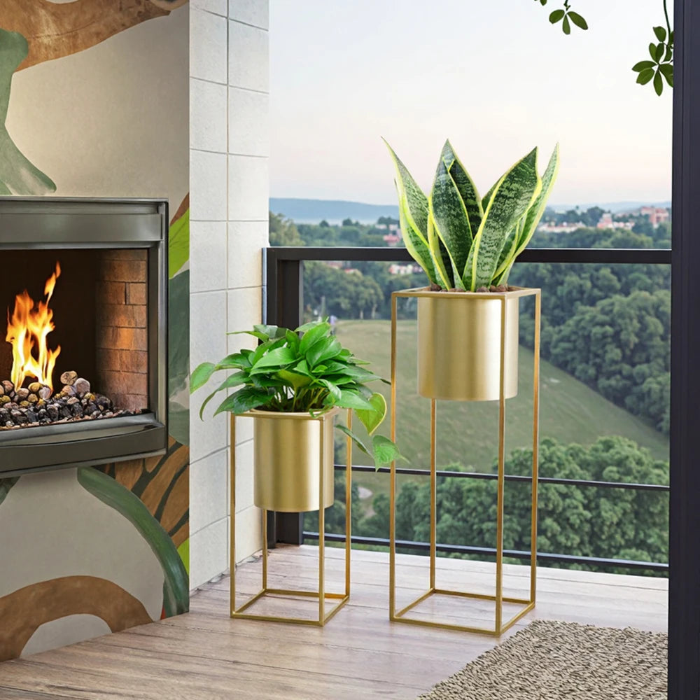 Blumenständer Set 2 Stück Metall Gold – Pflanzständer modern quadratisch für Blumentöpfe 21x45cm & 25x70cm – Pflanzenhalter Indoor für Wohnzimmer, Balkon & Events