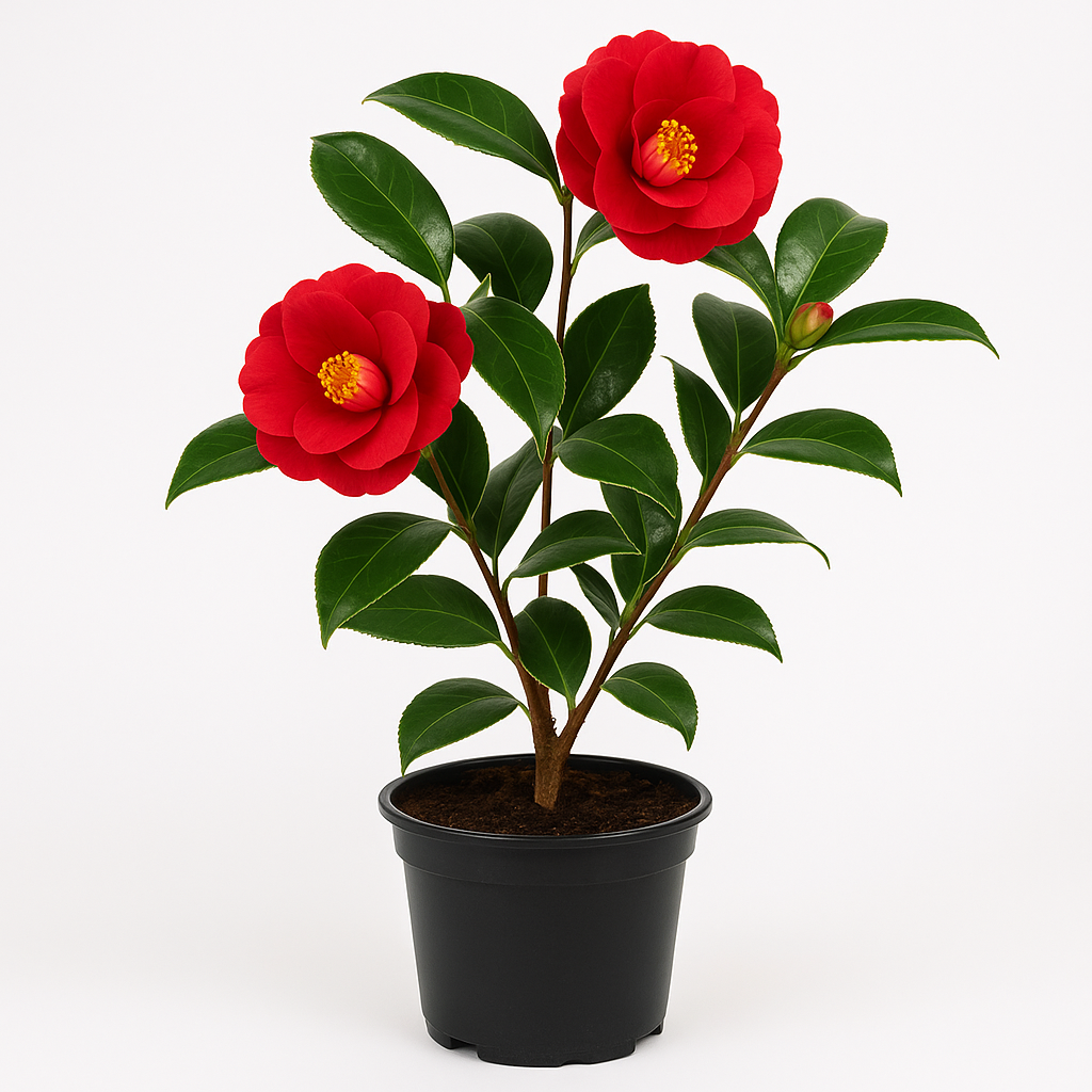 Rote Kamelie (Camellia japonica) – winterharte Gartenpflanze bis 60cm – immergrüne Zierpflanze mit roten Blüten – pflegeleicht, robust & ideal für Garten, Terrasse oder Kübel