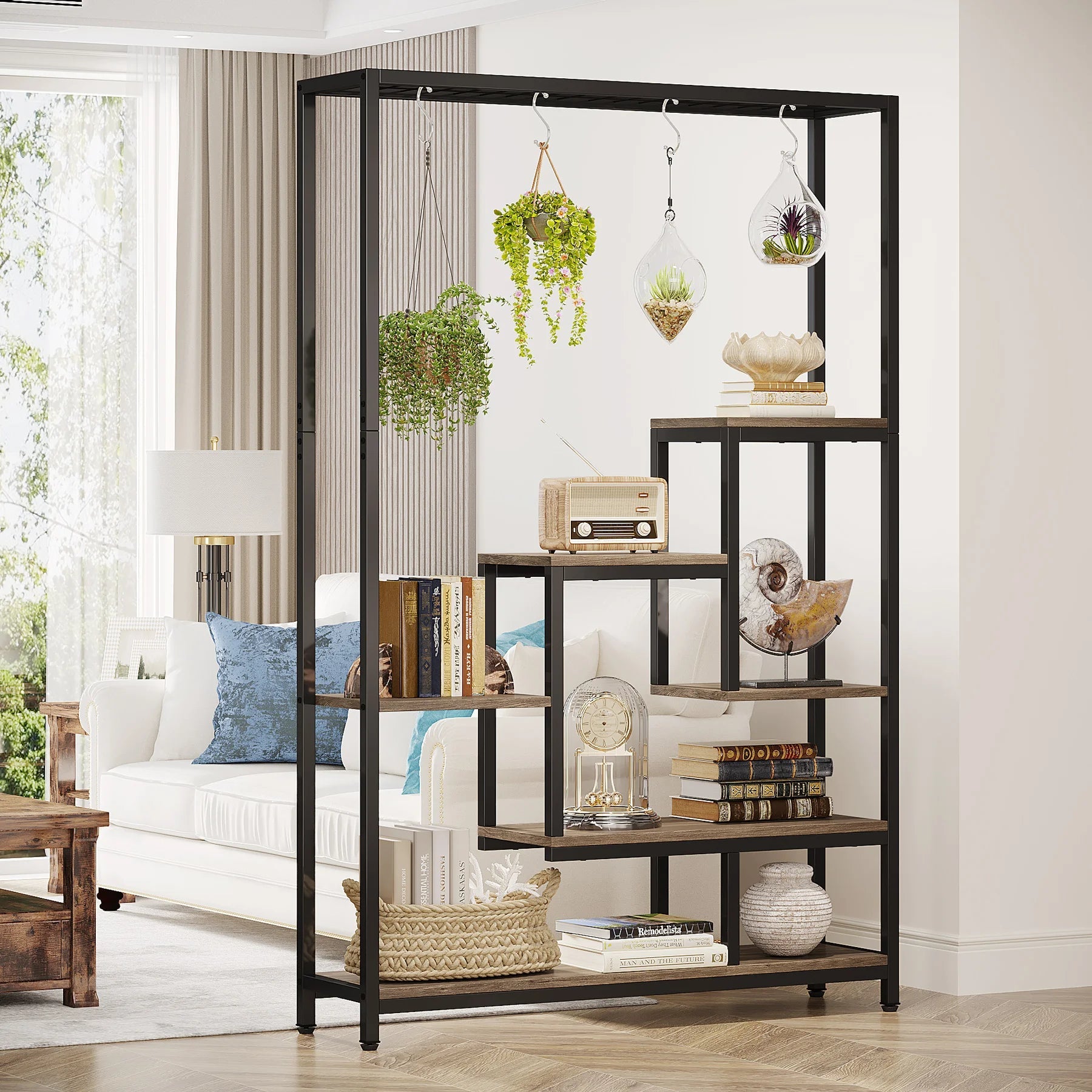 Tribesigns 5 Tiers Tall Indoor Plant Stand 70.9 inches Large Metal Plant Shelf with 10 PC S Hanging Hooks for Garden