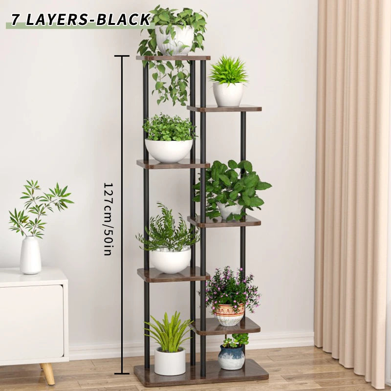 Pflanzenregal Metall schwarz mit 6/7/8 Ebenen – Blumenständer Eisen Pflanzständer für drinnen & draußen – Pflanzenhalter Regal für Garten, Balkon & Wohnzimmer