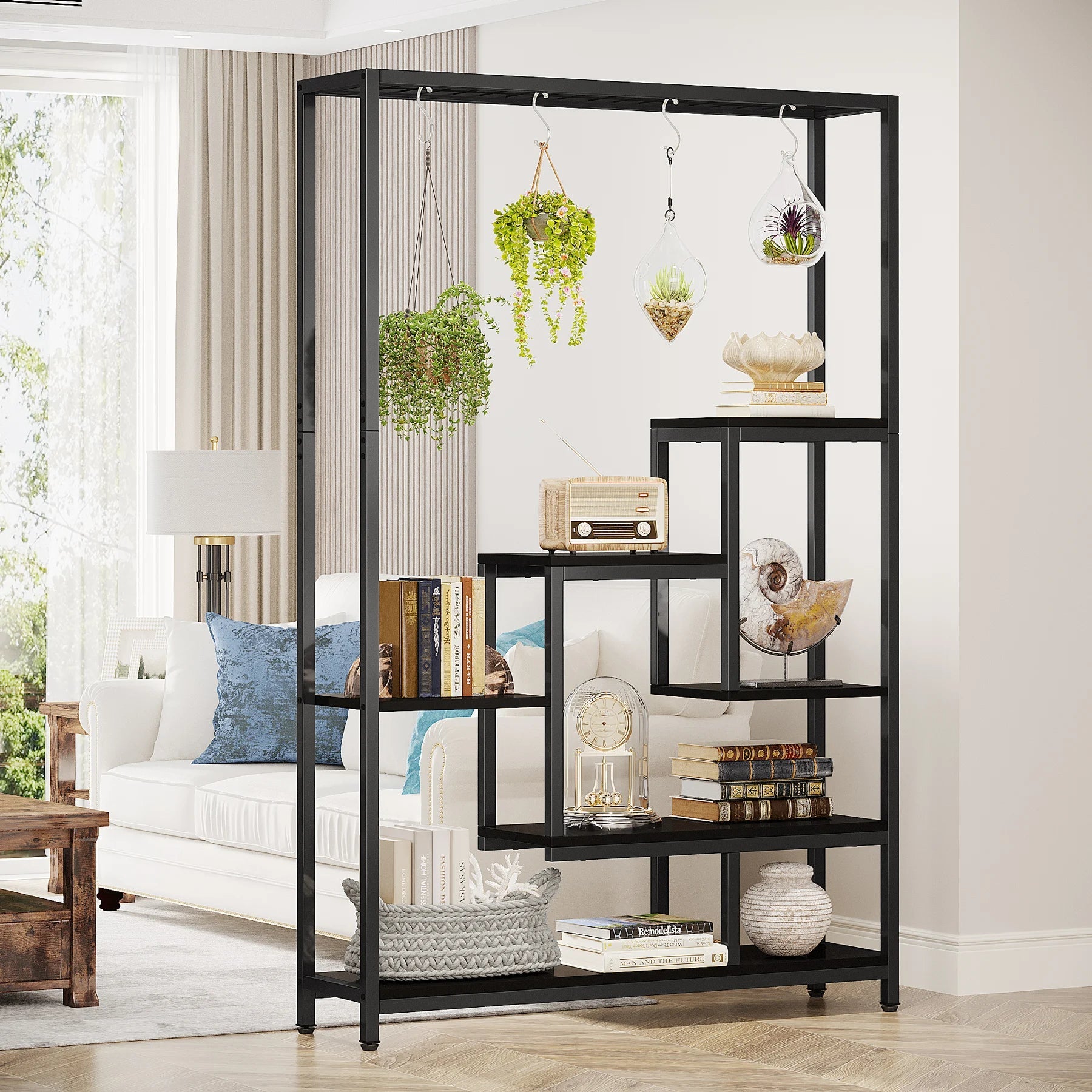 Tribesigns 5 Tiers Tall Indoor Plant Stand 70.9 inches Large Metal Plant Shelf with 10 PC S Hanging Hooks for Garden