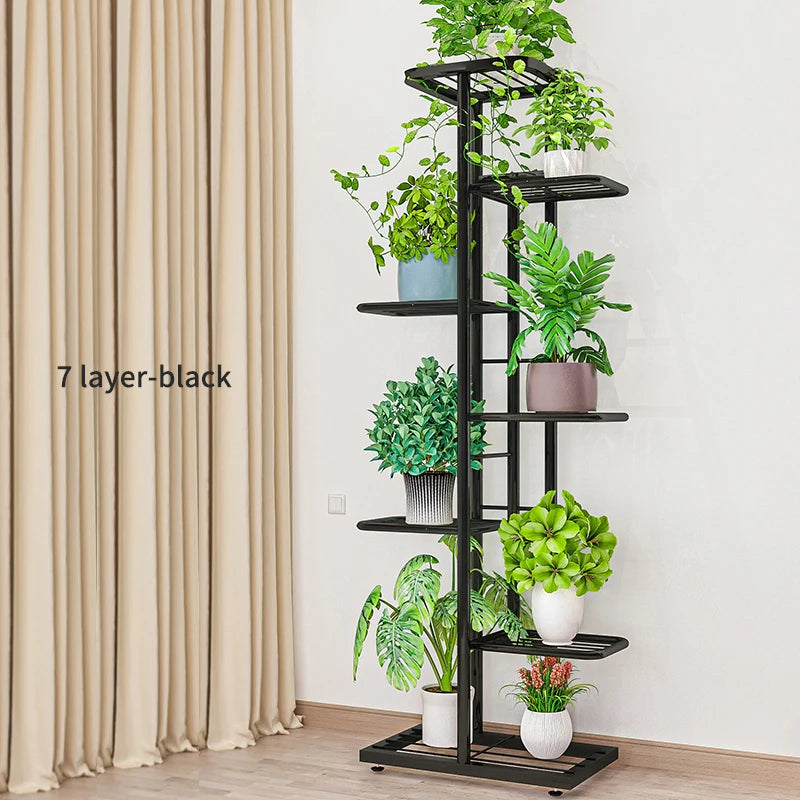 Pflanzenregal Metall schwarz mit 6/7/8 Ebenen – Blumenständer Eisen Pflanzständer für drinnen & draußen – Pflanzenhalter Regal für Garten, Balkon & Wohnzimmer