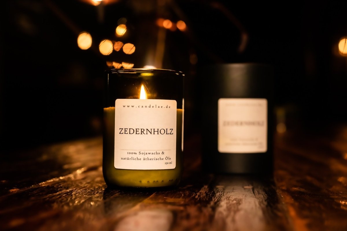 Zedernholz Duftkerze – Handgefertigte Sojawachskerze – 250ml – Beruhigender Holzduft aus ätherischem Zedernholz – Nachhaltige Kerze im Upcycling-Weinglas - Oasis of Life