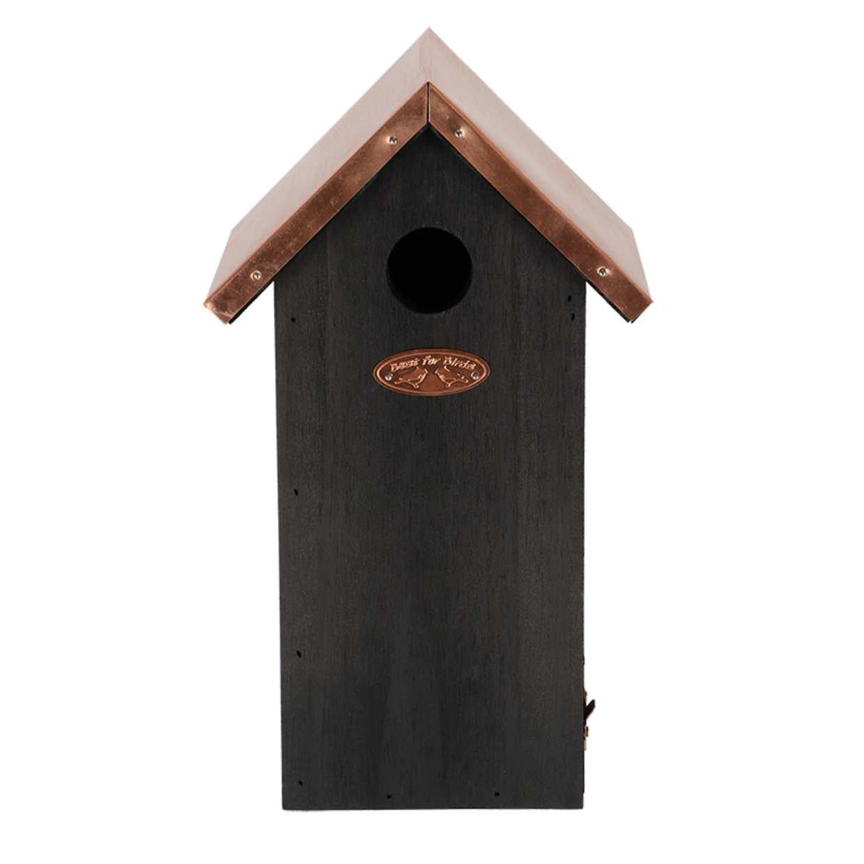 Vogelhaus Kohlmeise Nistkasten – Schwarzes Kiefernholz mit Kupferakzenten – Nistplatz für Kohlmeisen & kleine Gartenvögel – Wetterfest & robust – 17x14x29,7cm