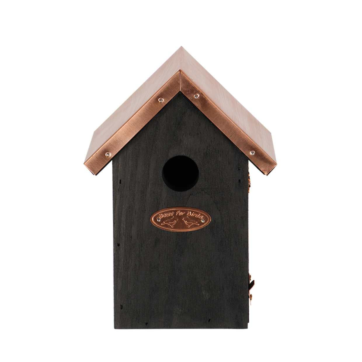 Vogelhaus Winterzaunkönig Nistkasten Schwarz mit Kupferakzenten – Wetterfester Nistplatz aus Fichtenholz – Für kleine Vögel – Moderner Gartenaccessoire