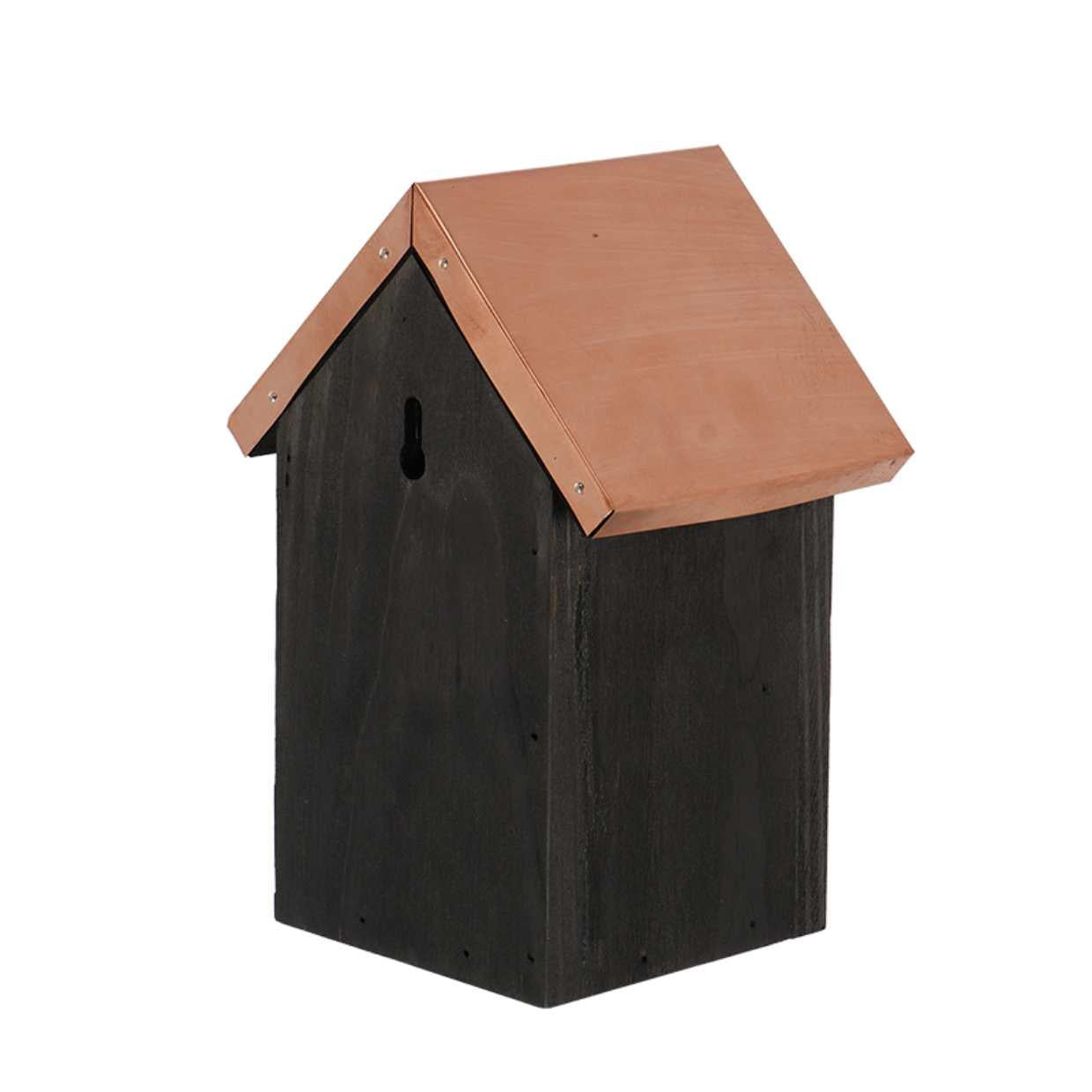 Vogelhaus Winterzaunkönig Nistkasten Schwarz mit Kupferakzenten – Wetterfester Nistplatz aus Fichtenholz – Für kleine Vögel – Moderner Gartenaccessoire
