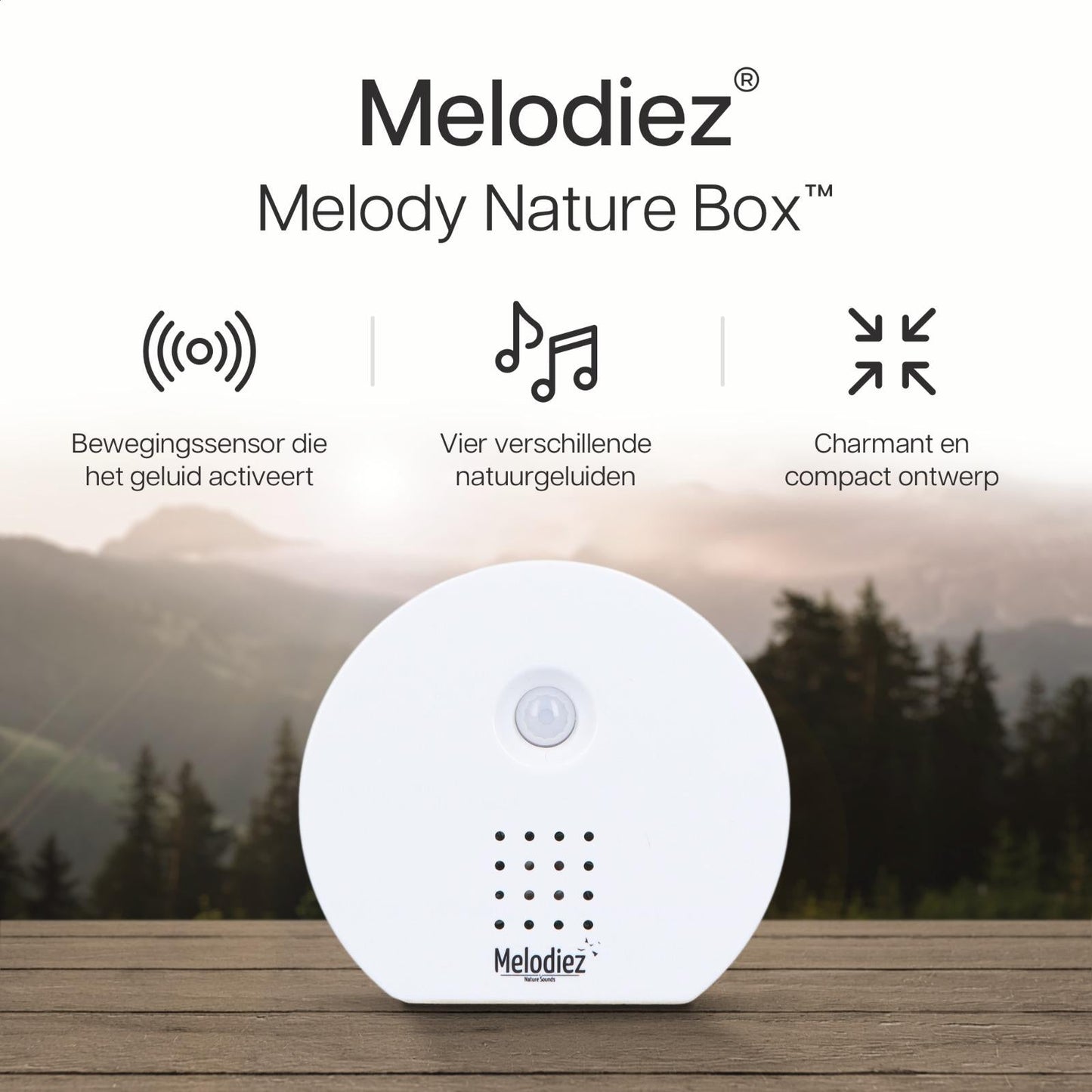 Melodiez Musikbox Weiß – Naturklänge mit Bewegungssensor – Kompakte Soundbox für beruhigende Vogelstimmen, Meeresrauschen & Dschungelklänge – Inklusive Batterien – Elegantes Design