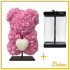 Bär DELUXE auf Ständer 25 cm – Fuchsia-Rosa Schaumstoff mit funkelndem Diamantherz – Luxuriöses Geschenk-Accessoire