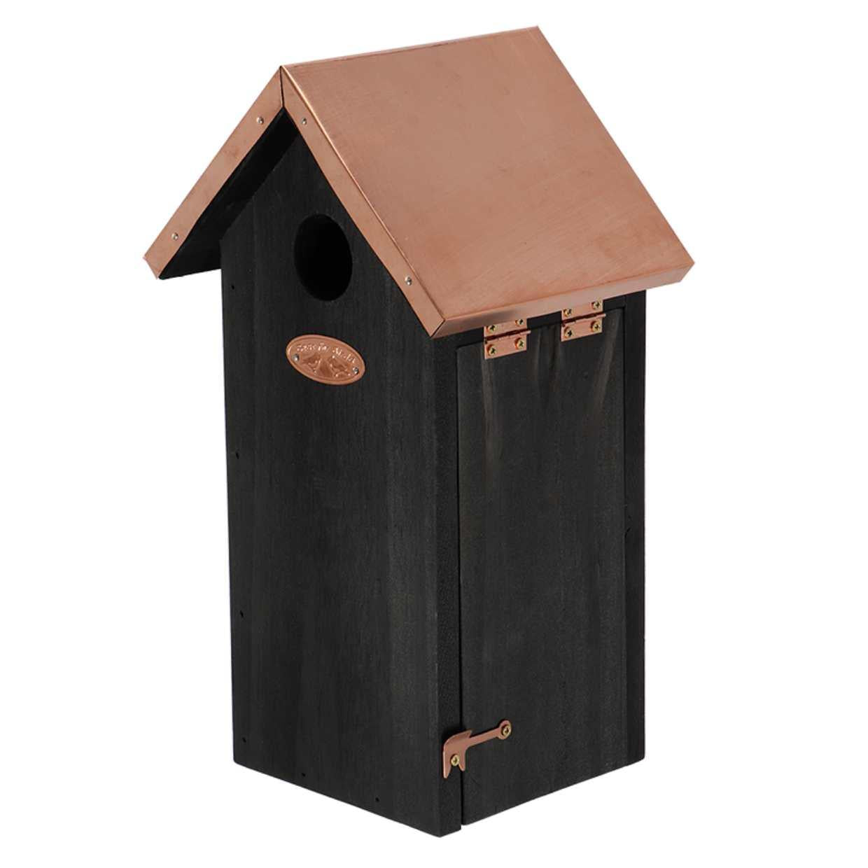Vogelhaus Kohlmeise Nistkasten – Schwarzes Kiefernholz mit Kupferakzenten – Nistplatz für Kohlmeisen & kleine Gartenvögel – Wetterfest & robust – 17x14x29,7cm