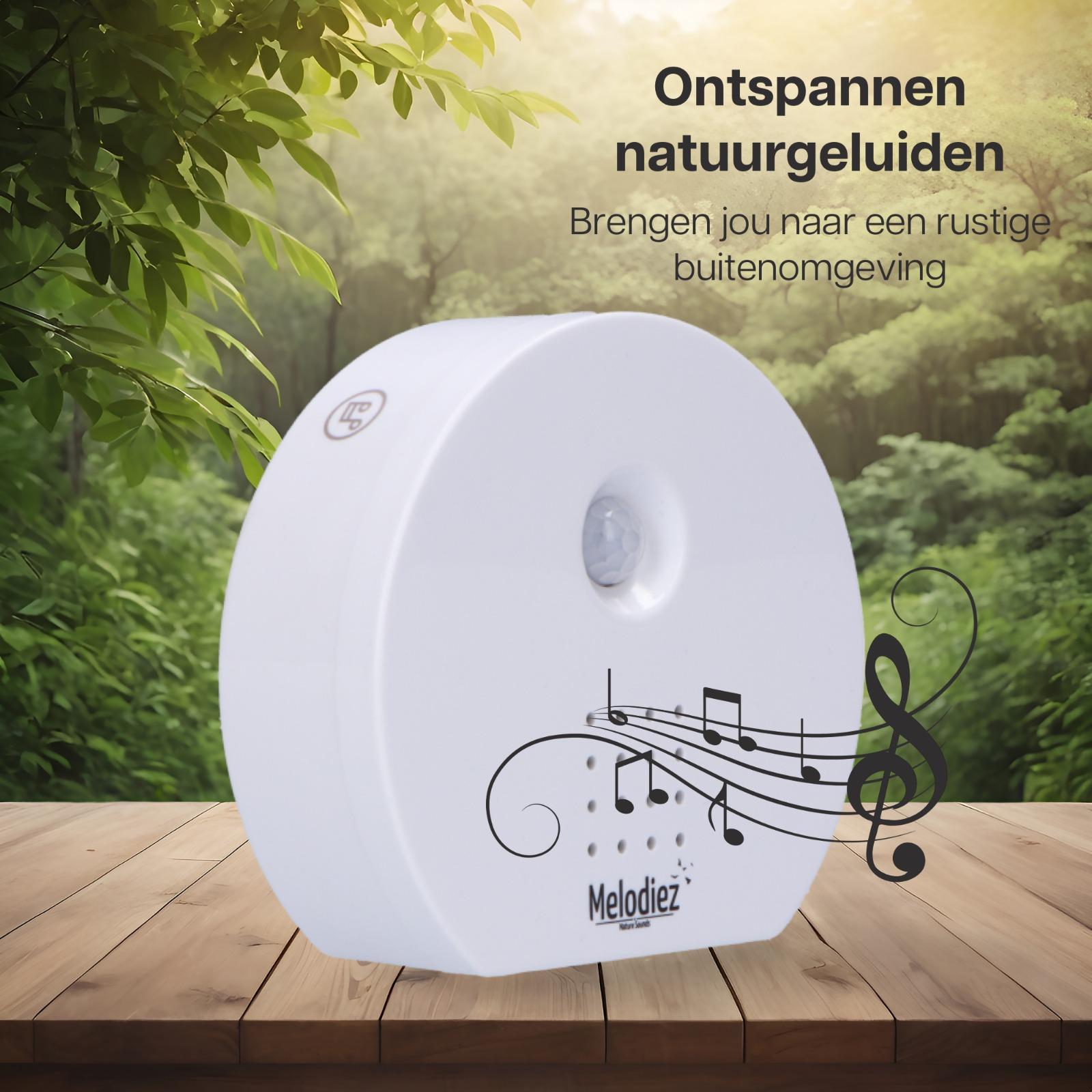 Melodiez Musikbox Weiß – Naturklänge mit Bewegungssensor – Kompakte Soundbox für beruhigende Vogelstimmen, Meeresrauschen & Dschungelklänge – Inklusive Batterien – Elegantes Design