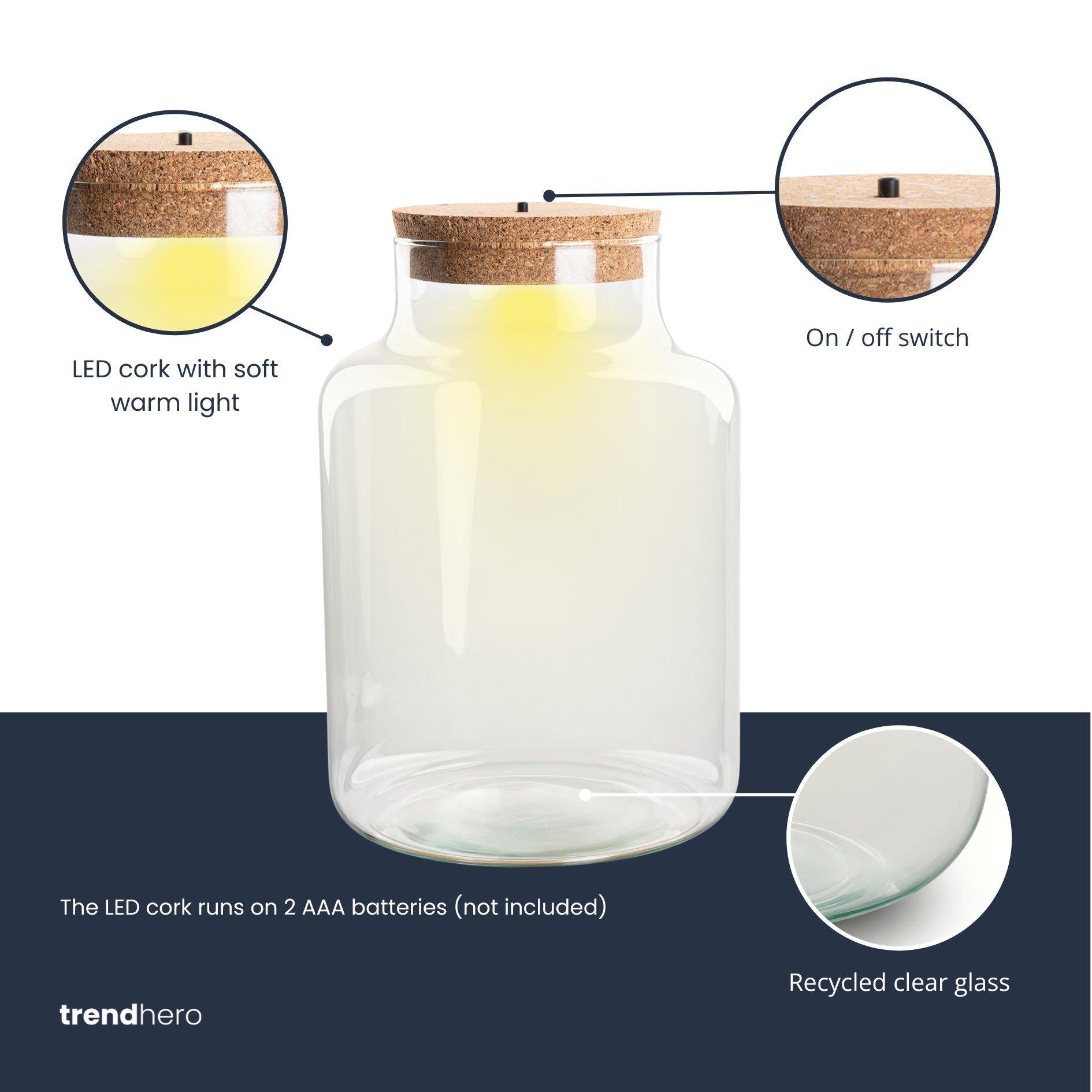 Terrarium fles met kurk - Little Milky met led kurk - Gesloten groot terrarium ↑ 24.5 cm