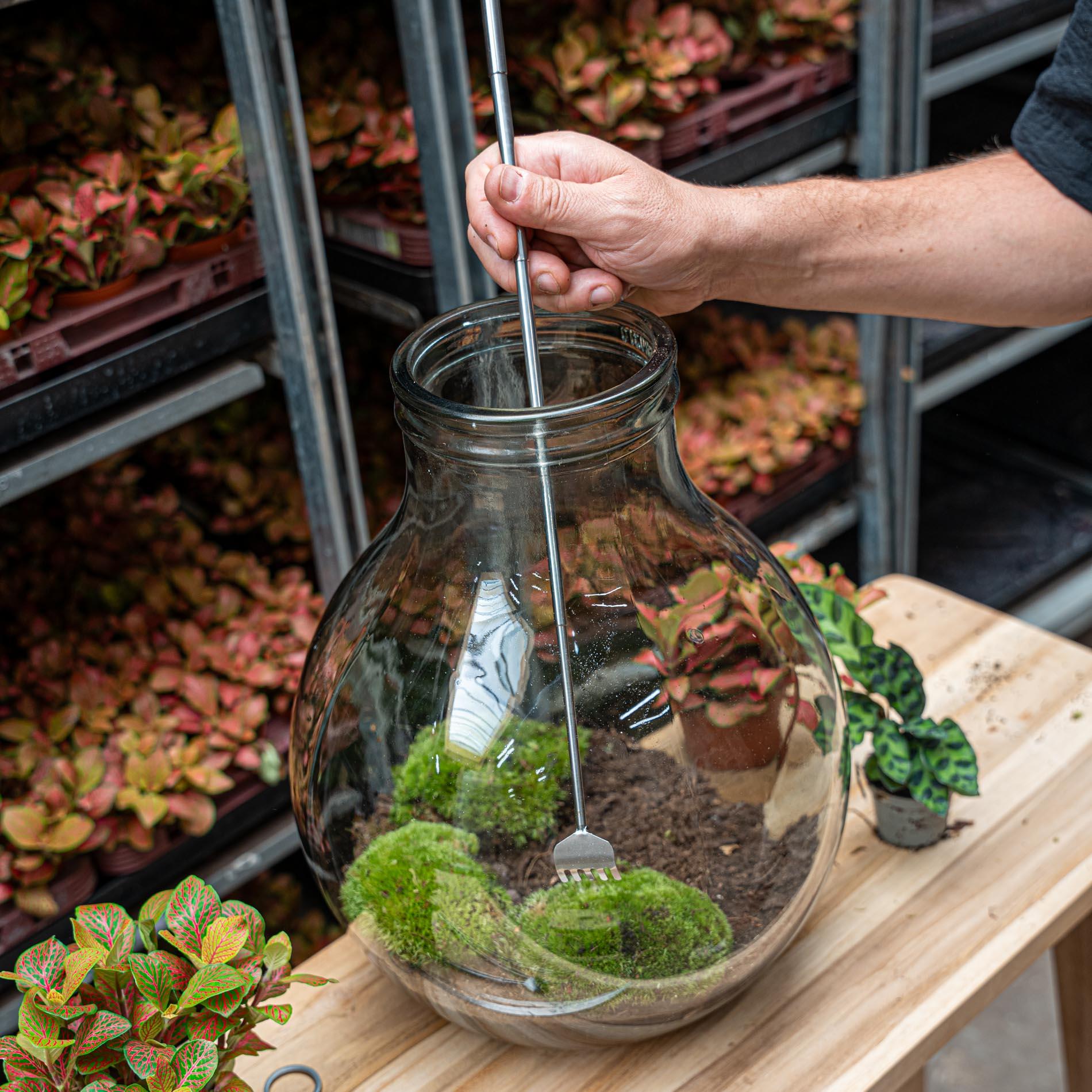 Flaschengarten-Harke – Teleskop 16–49 cm – Edelstahl – Präzisionswerkzeug für Terrarien, Mini-Gärten & Aquascaping