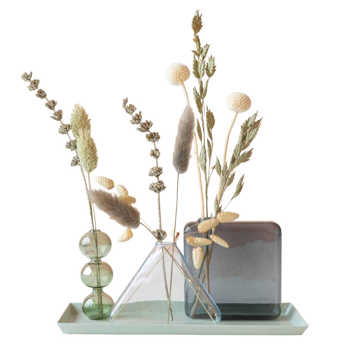 Trockenblumen mit Vasen – Dried Beauty – Stilvolles Trockenblumengeschenk ca. 30 cm – Mit 3 Glasvasen & Plateau – Perfekt für Zuhause, Büro & als Geschenk