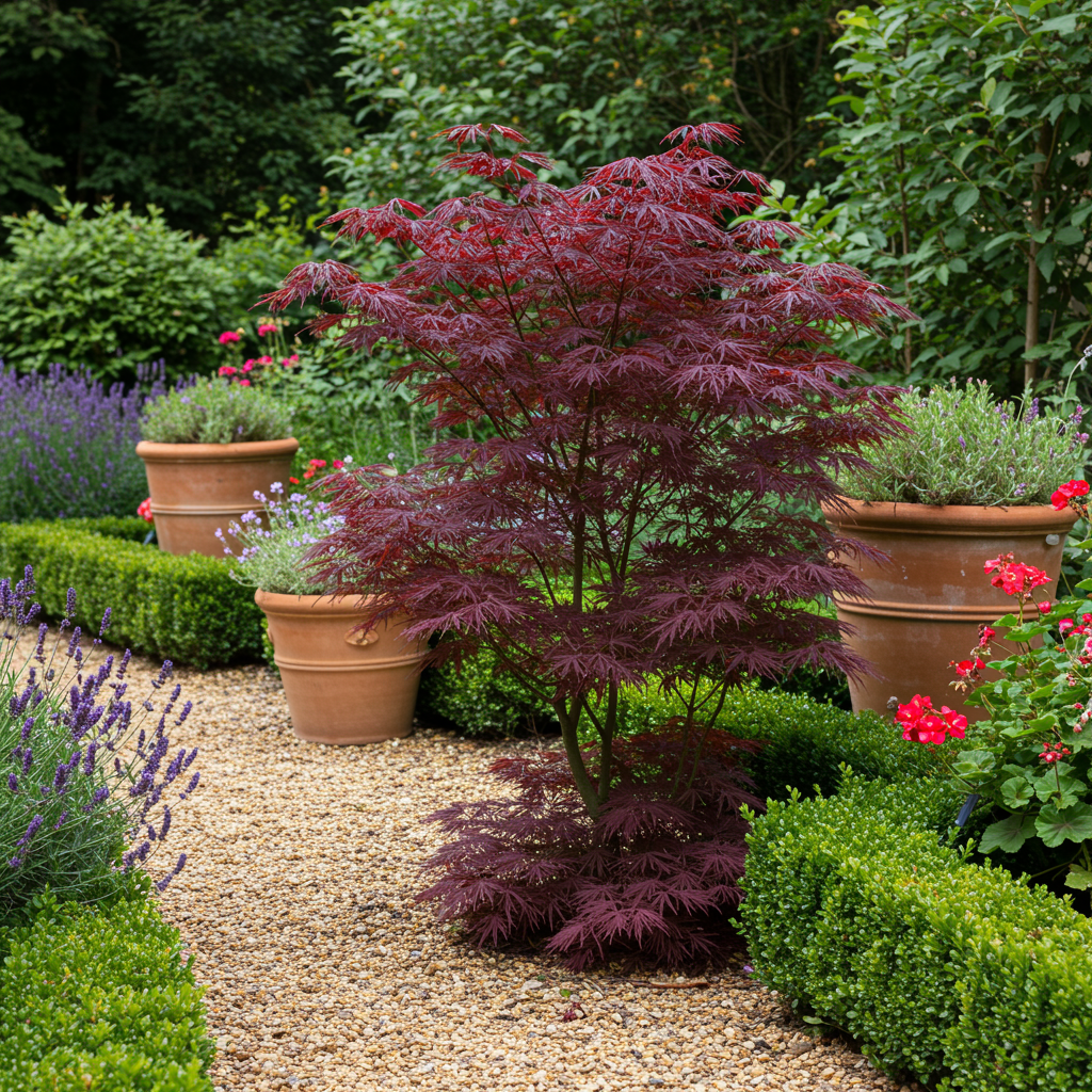 Japanischer Ahorn Acer palmatum Bloodgood – Rot – 2 Pflanzen – Laubabwerfender Zierbaum – Im 19 cm Topf – Ca. 70 cm hoch – Für Balkon, Terrasse & Beet – Auffällige rote Blätter – Pflegeleicht & elegant