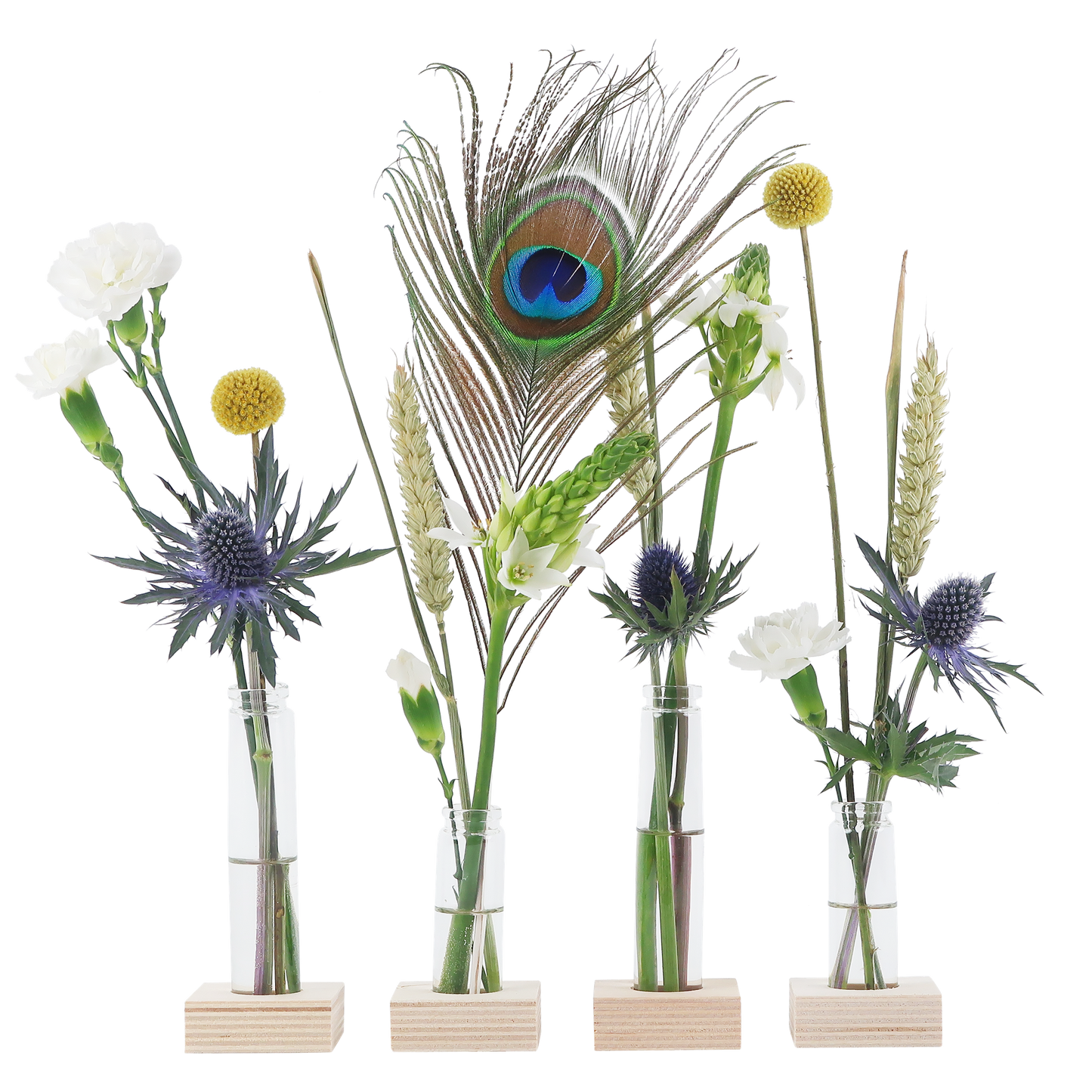 Briefkastenblumen Flower Fest – BloomParty mit 4 Vasen & Ständer – Blumengeschenk inkl. Pfauenfeder – Frische & Festliche Überraschung