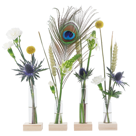 Briefkastenblumen Flower Fest – BloomParty mit 4 Vasen & Ständer – Blumengeschenk inkl. Pfauenfeder – Frische & Festliche Überraschung