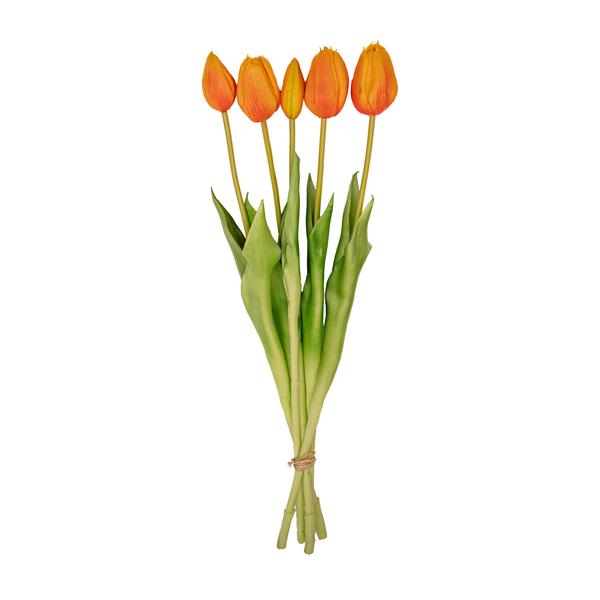 Orangefarbener Tulpenstrauß – 5 künstliche Tulpen – 42 cm – Real Touch – Frühlingsdeko & Wohnaccessoire