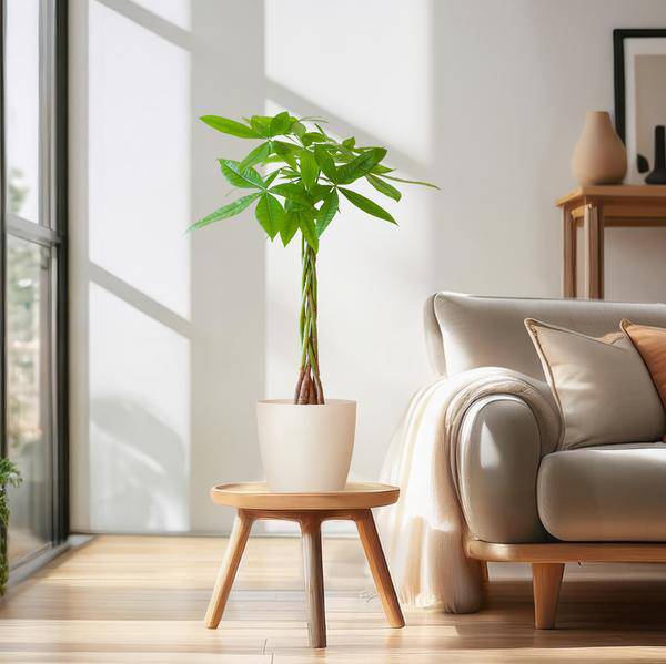 Pachira Aquatica Geldbaum Glückskastanie ca. 80cm mit geflochtenem Stamm im weißen Viber Biotopf Ø21cm – Zimmerpflanze für Wohnung Büro Wohnzimmer