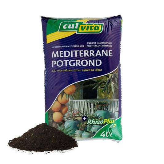 Mediterrane Blumenerde 40 Liter – Premium Erde für mediterrane Pflanzen – Mit RhizoPlus Mykorrhiza – Ideal für Olivenbäume, Zitruspflanzen & Palmen – Optimales Wassermanagement & Nährstoffversorgung