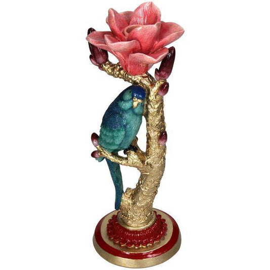 Kerzenständer aus Kunststein – Vogel & Blume – Kerzenhalter Polyresin – 27 cm – Dekorativer Kerzenständer mit blauem Vogel und roter Rose