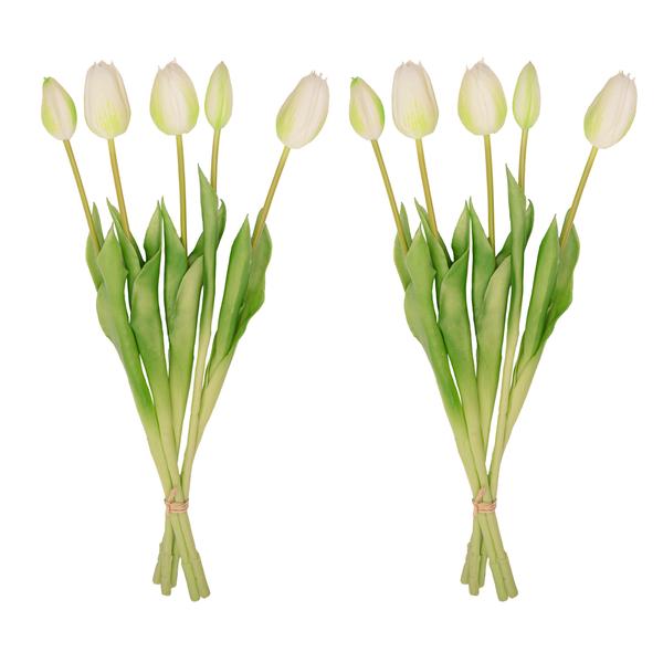 Vase Lady Sunny + 10 Kunsttulpen Weiß/Grün – Steingutvase 21,5 cm – Dekorative Tulpen 42 cm – Elegante & fröhliche Wohnraumdekoration