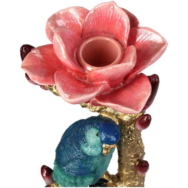 Kerzenständer aus Kunststein – Vogel & Blume – Kerzenhalter Polyresin – 27 cm – Dekorativer Kerzenständer mit blauem Vogel und roter Rose