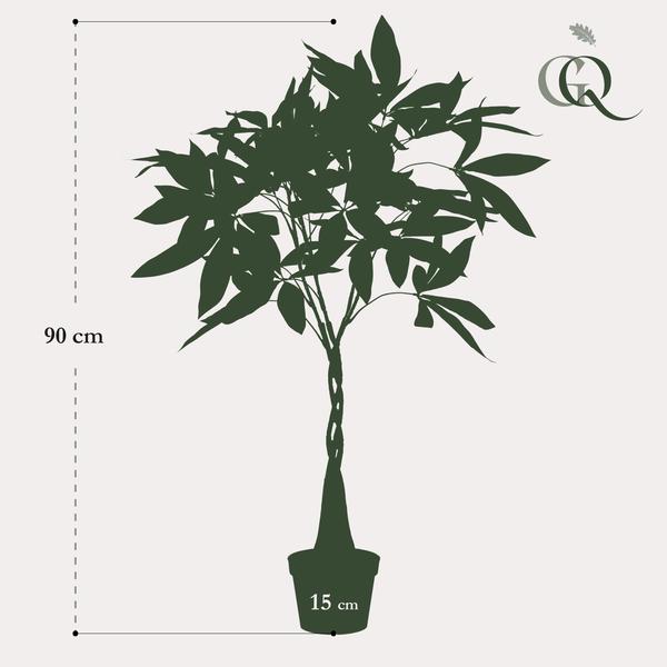 Geldbaum Pachira Aquatica – Künstliche Zimmerpflanze – ↕90 cm – Realistischer Doppelstamm & große glänzende Blätter – Pflegefrei