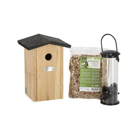 Vogelhaus Set für Blaumeisen – Komplett-Set mit Nistkasten, Futterstelle & Vogelfutter – Für Meisenarten wie Hauben-, Glanz- & Schwarzmeise – In Geschenkbox – Gartenzubehör
