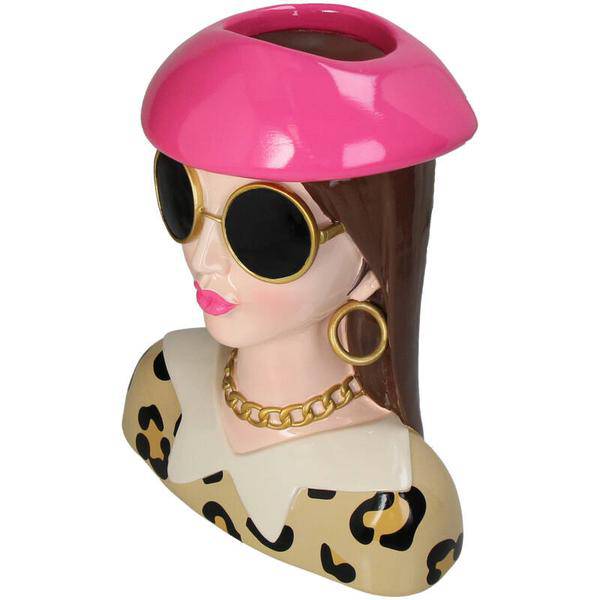 Vase Fashion Lady 'Sommer' – Dekorative Kopf-Vase – Polyresin – Rosa Hut & Sonnenbrille – Höhe 29 cm – Künstlerisches Design für stilvolle Räume