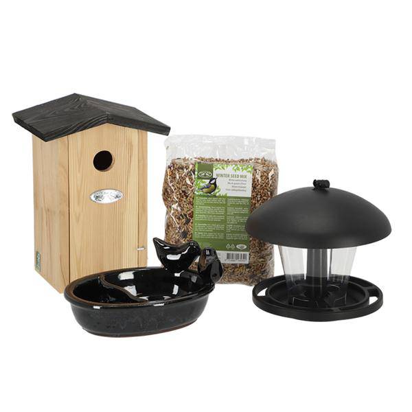 Vogelhaus Set – Komplett-Set mit Nistkasten, Futterstelle, Vogeltränke & Winterfutter – Für Blaumeisen & andere Gartenvögel – In Geschenkbox – Gartenzubehör