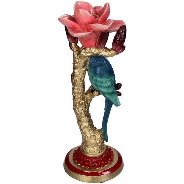Kerzenständer aus Kunststein – Vogel & Blume – Kerzenhalter Polyresin – 27 cm – Dekorativer Kerzenständer mit blauem Vogel und roter Rose