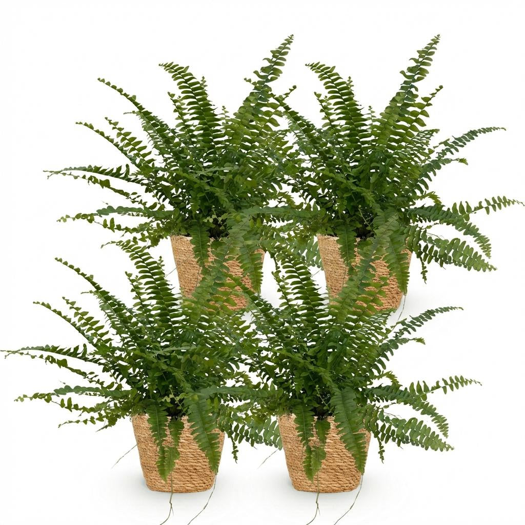 Green boutiQ - Zimmerpflanze - Nephrolepsis exaltata Green Lady - Farn - Haustierfreundliche Pflanze - Grün - 4 Pflanzen - mit Korb - Topf 12cm - Höhe 25cm