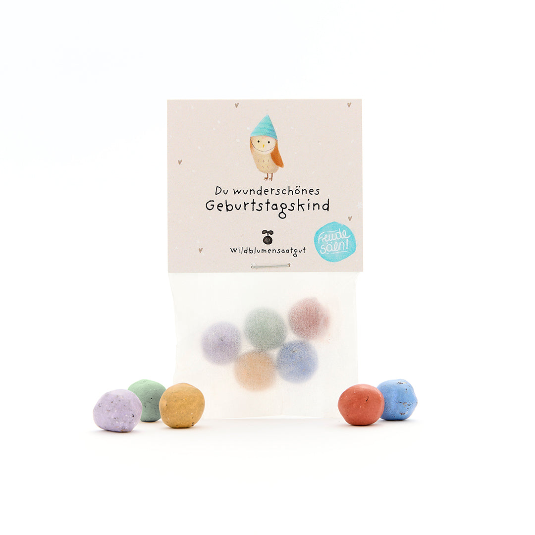 5 Blumenmurmeln im Tütchen "Du wunderschönes Geburtstagskind" 
