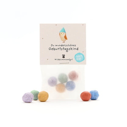 5 Blumenmurmeln im Tütchen "Du wunderschönes Geburtstagskind" 