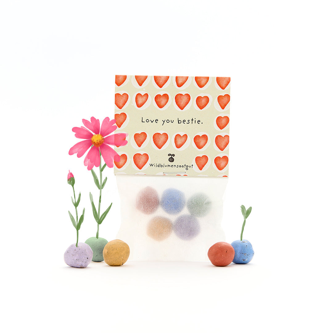 5 Blumenmurmeln im Tütchen "Love You Bestie" 