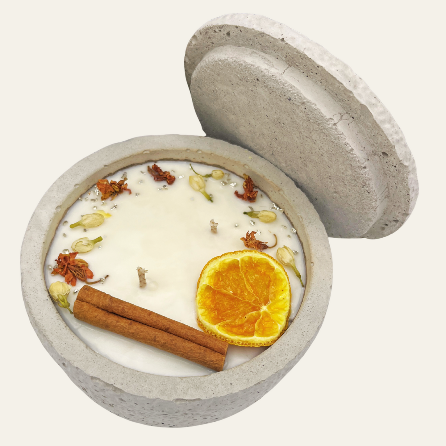 Zwei Docht Betonkerze Betongrau „Grey Orange“ für Herbst und Winter - Stilvolle Aroma Sojawachskerze für Ihr Zuhause. Mit Blütenverzierung und HOCHWERTIGEM Baumwolldocht aus dem Südschwarzwald 
