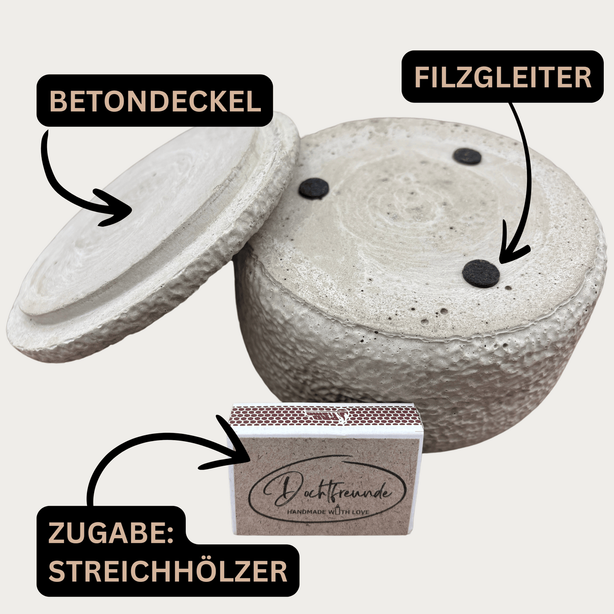 Limitierte Einzelstücke: Outdoor Citronella-Betonkerze „Mugge Schreck“ – Handgemachter Insektenschutz aus dem Südschwarzwald mit Blütenverzierung 