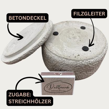 Limitierte Einzelstücke: Outdoor Citronella-Betonkerze „Mugge Schreck“ – Handgemachter Insektenschutz aus dem Südschwarzwald mit Blütenverzierung 