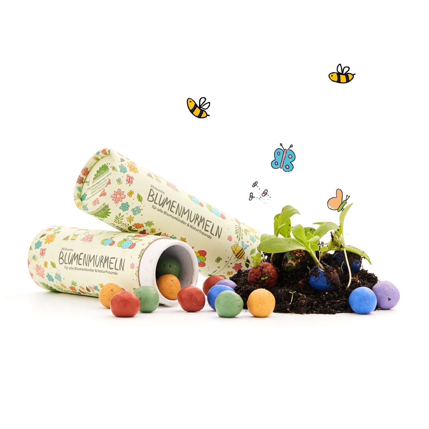 Dose mit 25 bunten Blumenmurmeln 