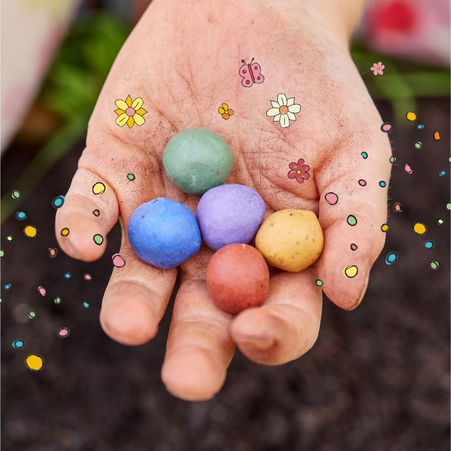 6 bunte Blumenmurmeln im Eierkarton 