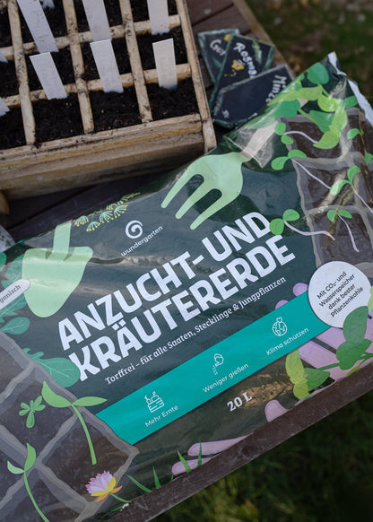 Wundergarten Anzucht- und Kräutererde 20L – 100% organische Bioerde für Samen Kräuter & Jungpflanzen – Torfreduziert mit Pflanzenkohle – Lockere Erde für gesunde Wurzeln