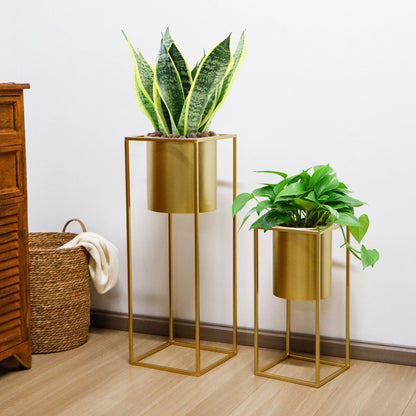 Blumenständer Set 2 Stück Metall Gold – Pflanzständer modern quadratisch für Blumentöpfe 21x45cm & 25x70cm – Pflanzenhalter Indoor für Wohnzimmer, Balkon & Events 