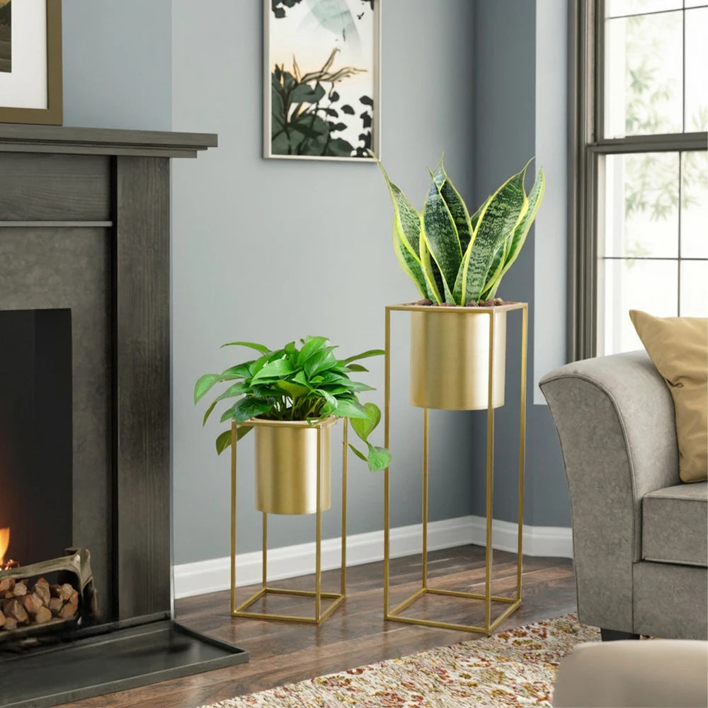Blumenständer Set 2 Stück Metall Gold – Pflanzständer modern quadratisch für Blumentöpfe 21x45cm & 25x70cm – Pflanzenhalter Indoor für Wohnzimmer, Balkon & Events 