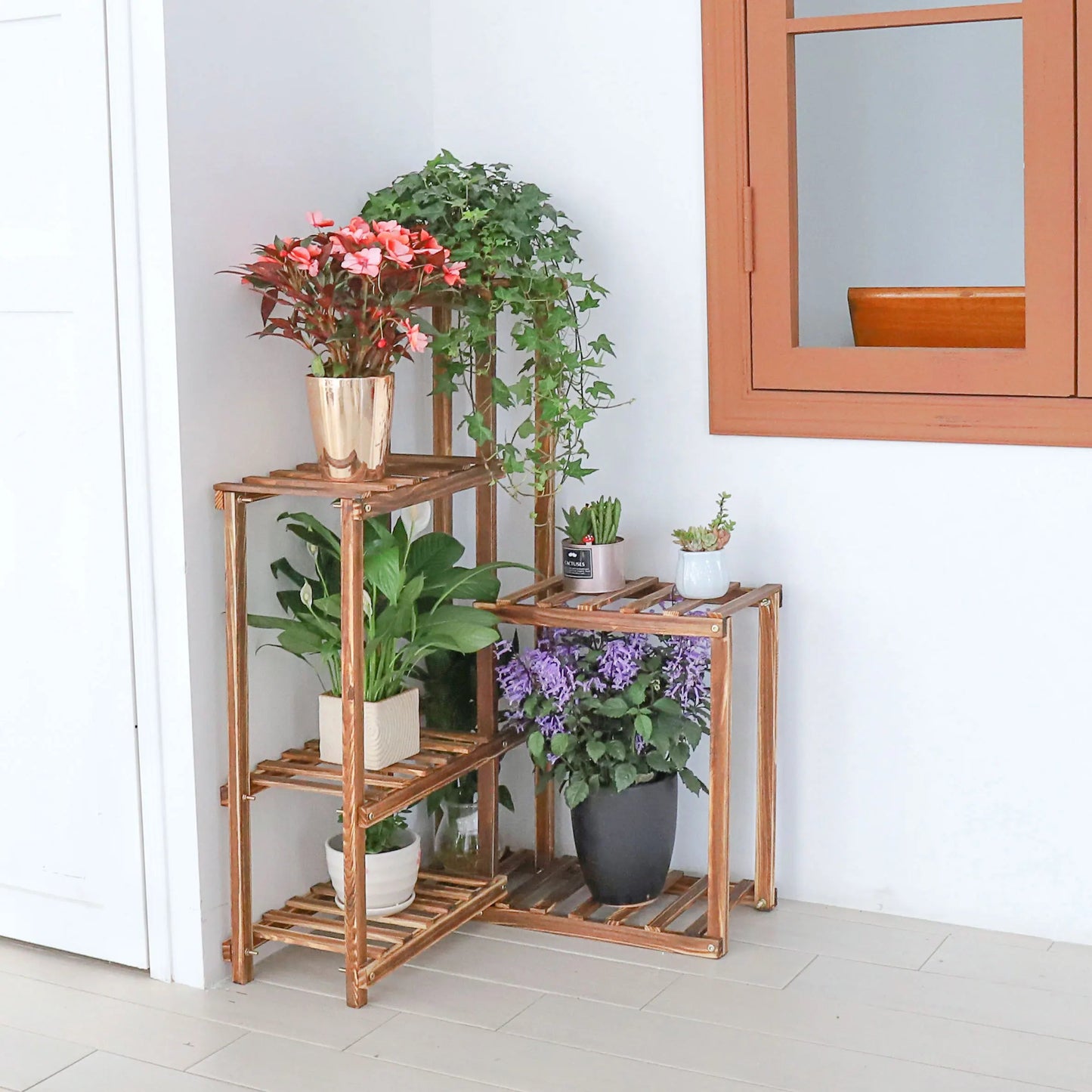 Corner Garden Plant Stand Wood Multi-Tiered Flower Display Rack Shelf 