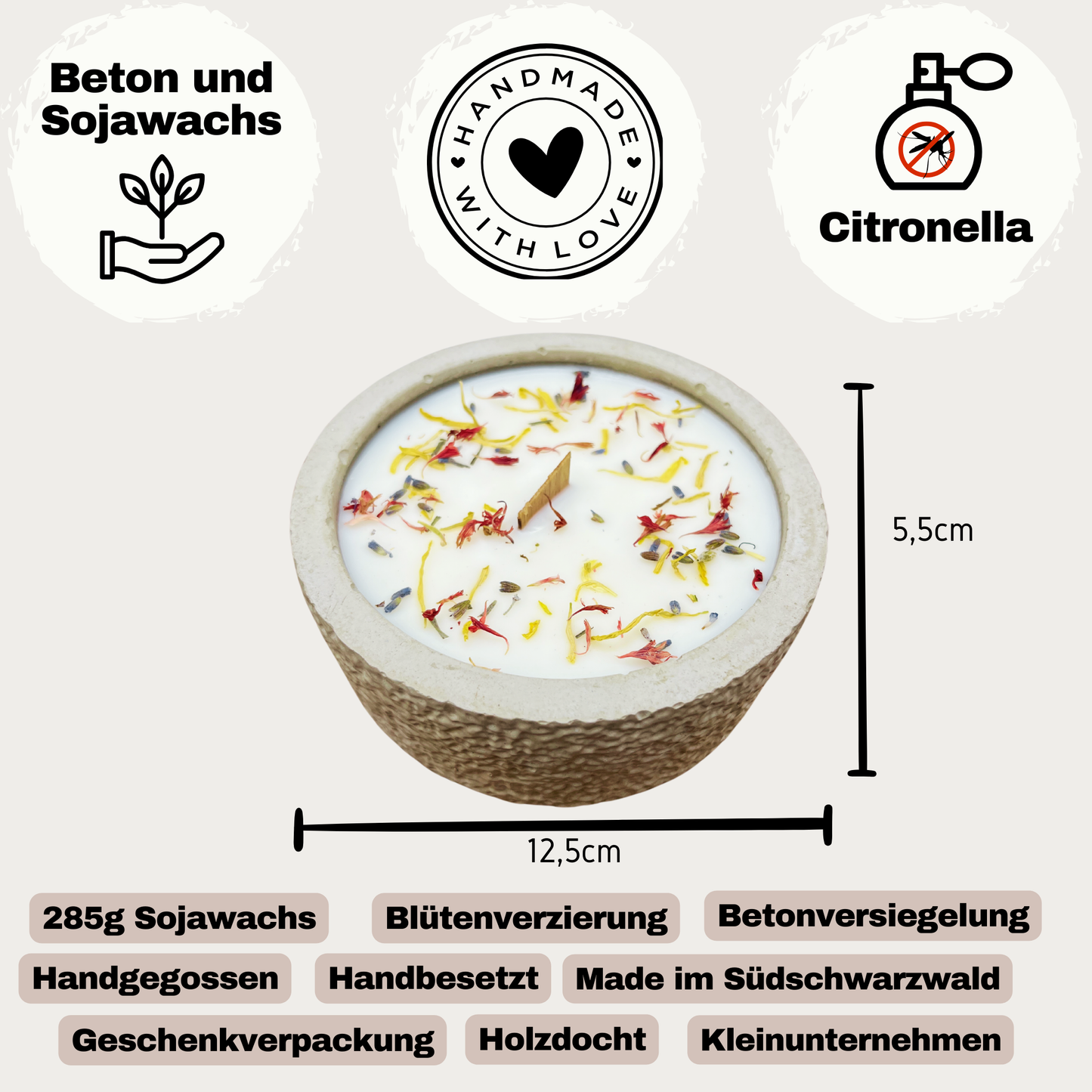 Outdoor Citronella-Betonkerze „Mugge Schreck“ – Handgemachter Insektenschutz aus dem Südschwarzwald mit Blütenverzierung 