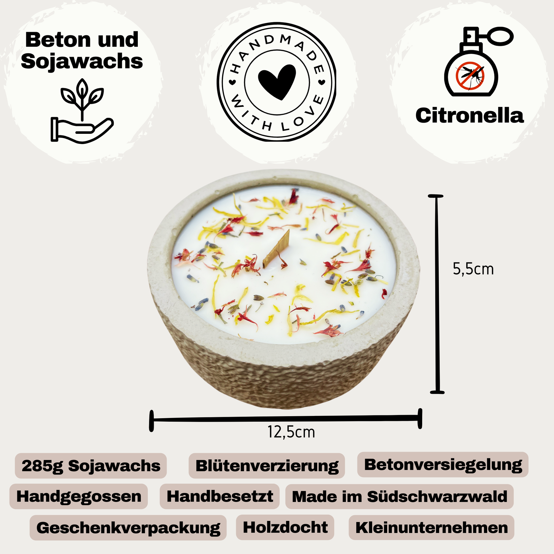Outdoor Citronella-Betonkerze „Mugge Schreck“ – Handgemachter Insektenschutz aus dem Südschwarzwald mit Blütenverzierung 